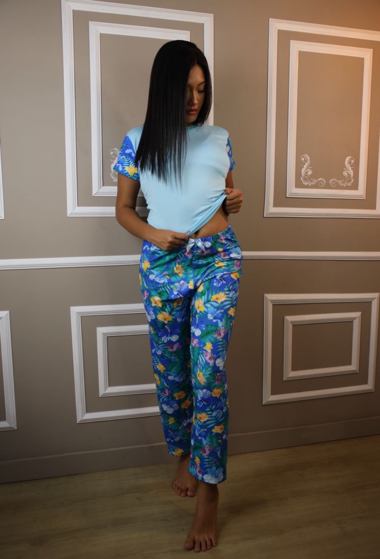 Pijama Pantalón flores azul