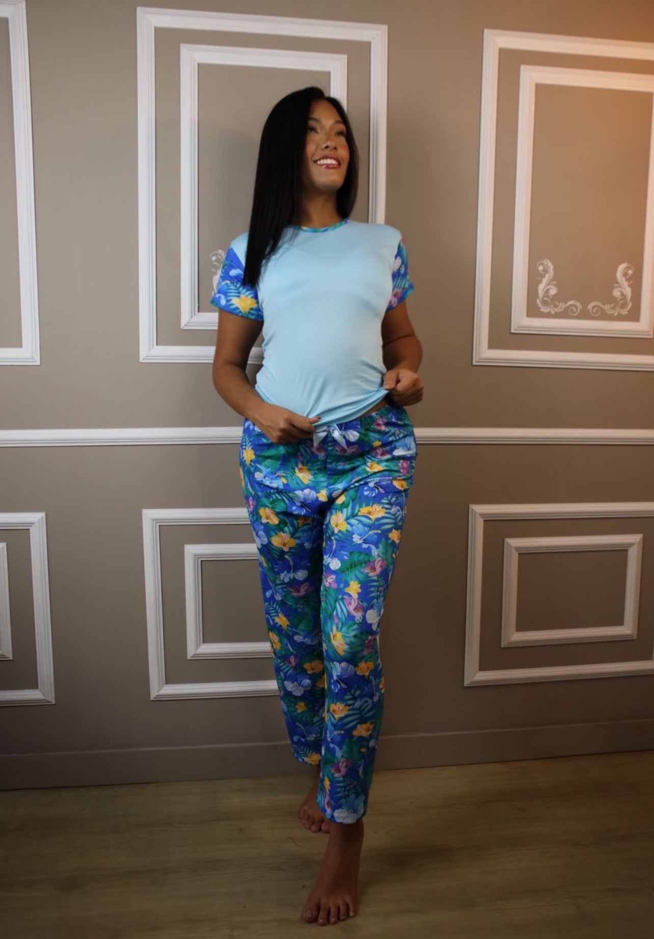 Pijama Pantalón flores azul
