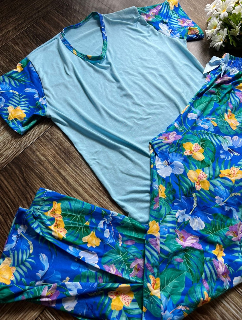 Pijama Pantalón flores azul