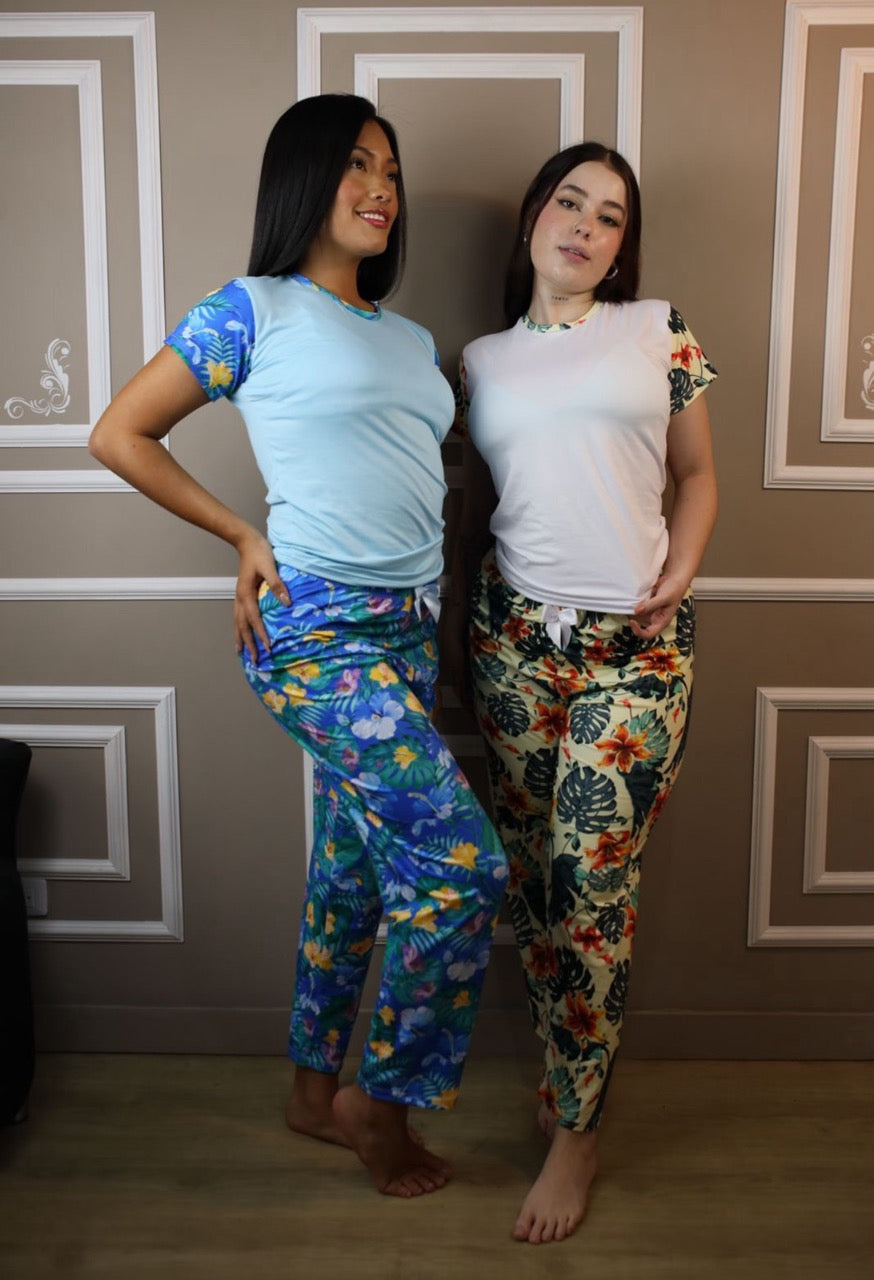 Pijama Pantalón flores azul
